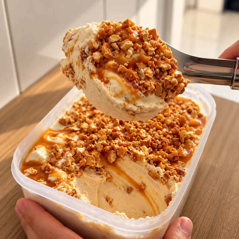 Gelato com caramelo e crocante feito em casa pelo aluno André