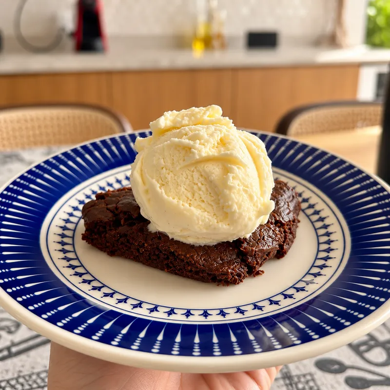 Gelato servido com brownie, feito em casa pela aluna Carla