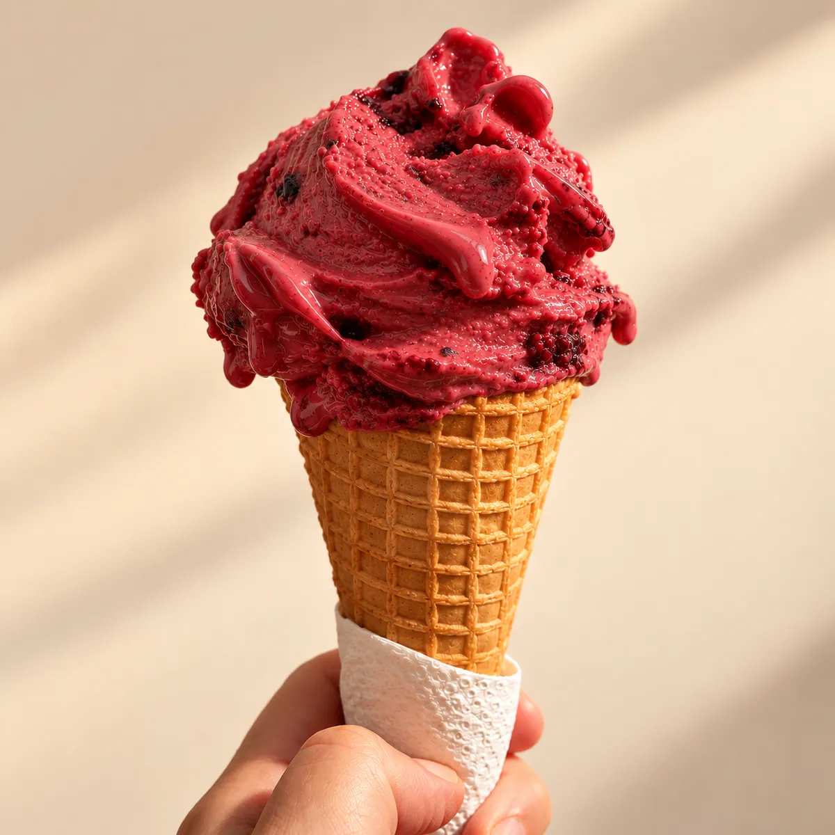 Gelato de frutas vermelhas na casquinha